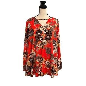 Du Jour Red, Black, and Gold Floral Top Size LARGE